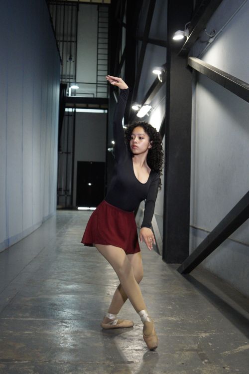 Free A ballerina gracefully poses in a corridor with dim lighting, showcasing elegance and poise. Stock Photo