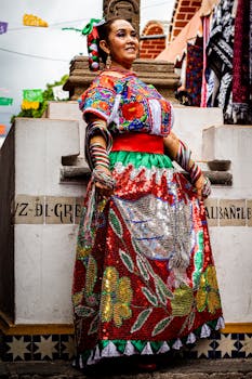 Woman in vibrant traditional Mexican attire with intricate embroidery in Puebla.