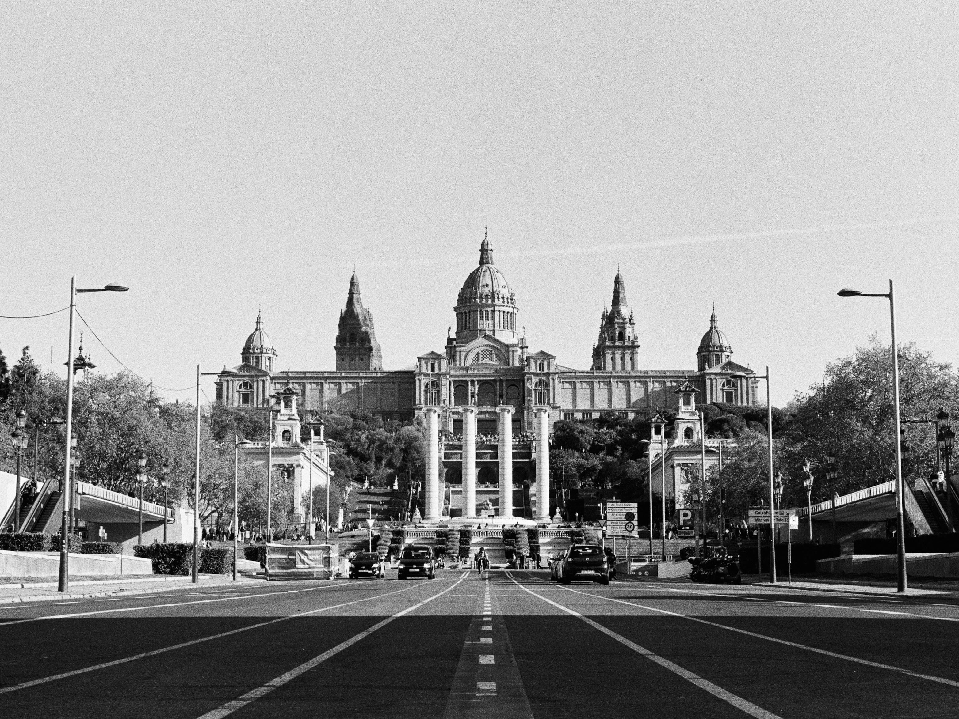 montjuic national palace in black and white