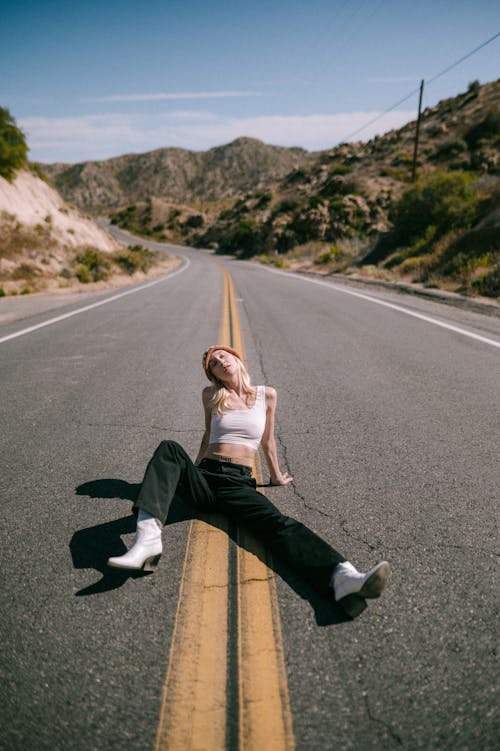 Model Posing in Pants on Road