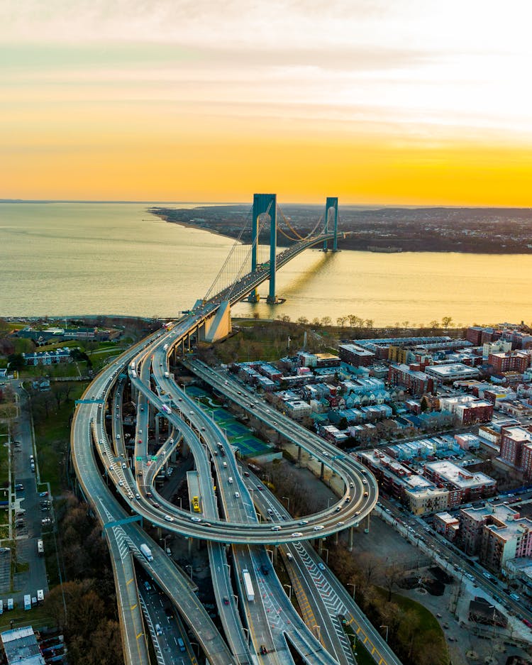 Suspension Bridge In New York During Sunset 