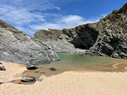 Lagoon and Beach Surrounded by Rock Formation 