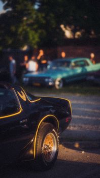 Vintage cars in an urban neighborhood at sunset, showcasing classic motoring culture.