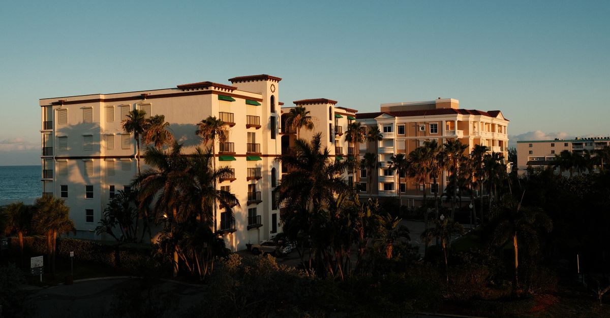 Sunlit residential buildings with palm trees in St. Petersburg, FL.