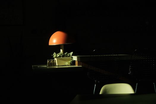 A dimly lit room highlighting a mushroom-shaped lamp and green plant on a table.