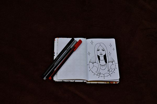 Open sketchbook with a finished drawing and pens — photo by Diana on Pexels