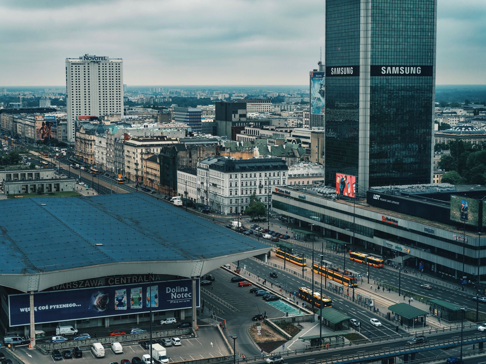 High-angle view of Warsaw Central Station and the surrounding city