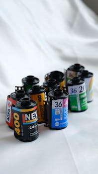 A collection of colorful photographic film rolls arranged vertically on a light surface.