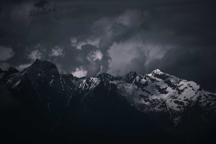 Dark Mountain Landscape With Snow Covered Peaks