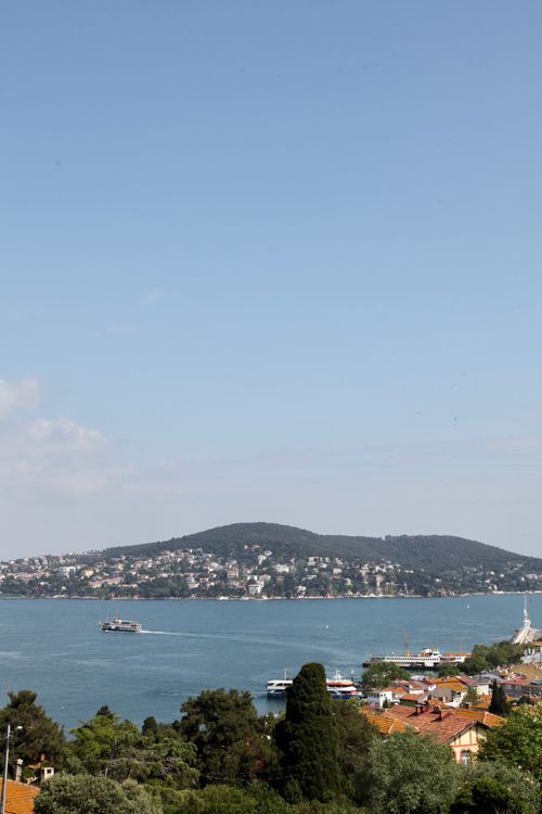 Free Aerial view of a coastal town with a serene sea background and lush greenery. Stock Photo