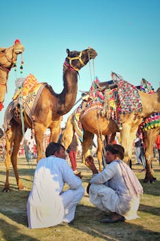 市场场景充满活力，骆驼和身着传统服装的当地男子点缀其中