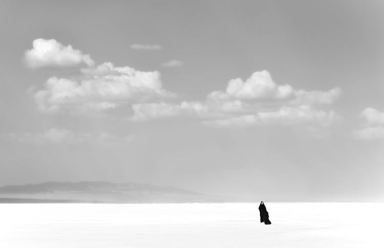 Woman In Abay On Wasteland In Black And White