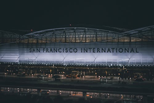 Facade of the San Francisco International Airport Building at Night, California, United States