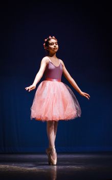 Graceful ballerina in tutu performing ballet dance on stage with dramatic lighting.