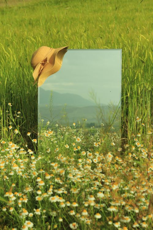 Free Mirror in a meadow with daisies and hat under a summer sky. Stock Photo