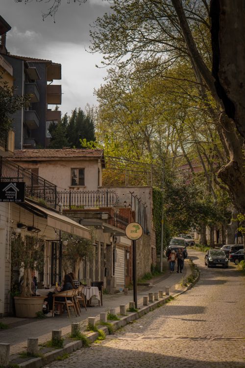 Free Charming urban scene with cobblestone streets and outdoor dining under spring foliage. Stock Photo