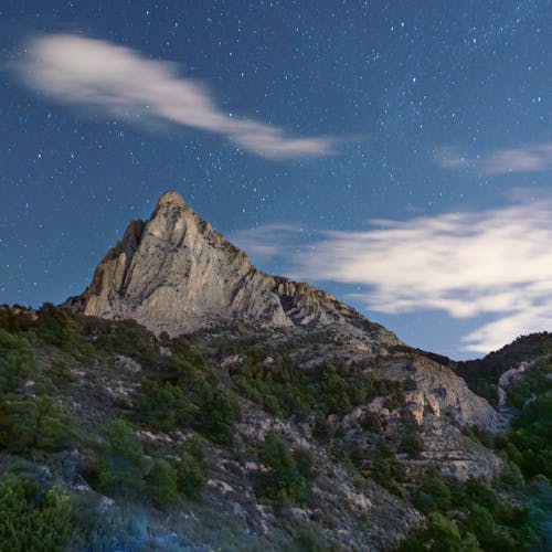 Clouds and Stars over Mountain at Night