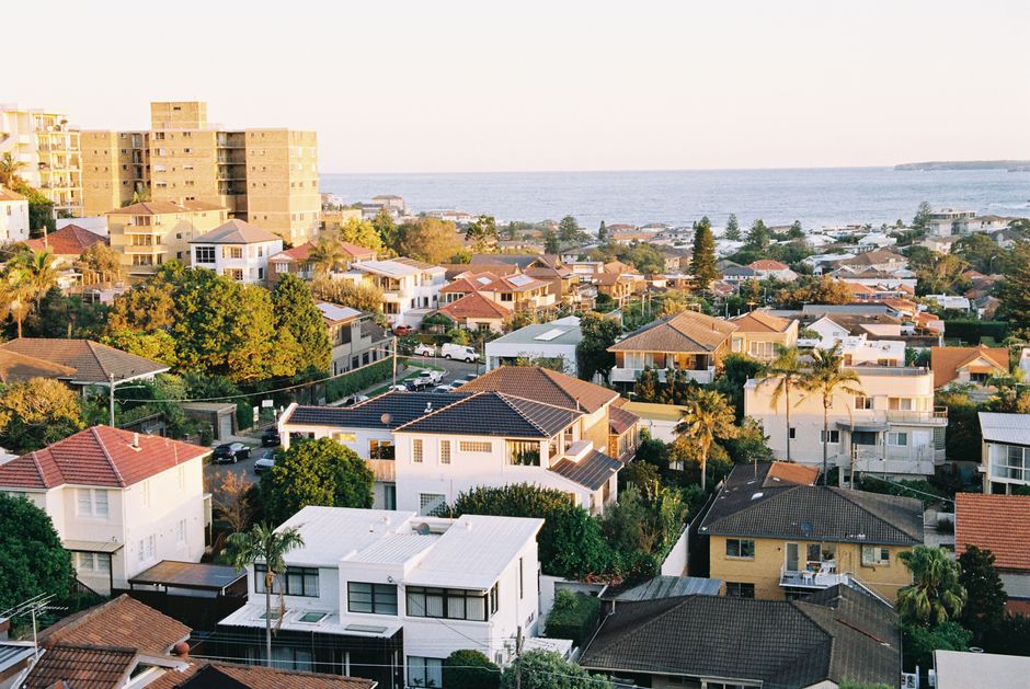aerial view suburban neighborhood sunset