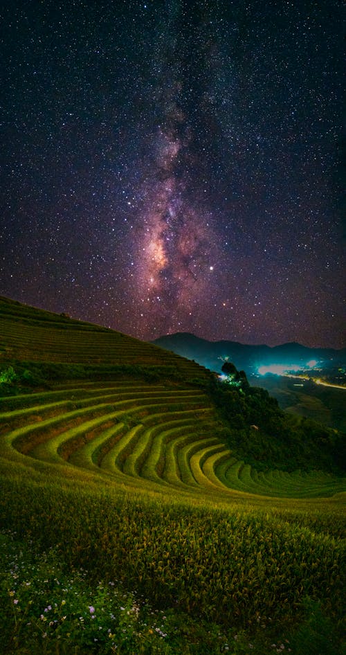 Epic Landscape with the Milky Way Over the Rice Field