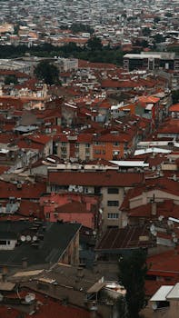 Aerial view of a densely populated urban area with distinctive red roofs and residential buildings.