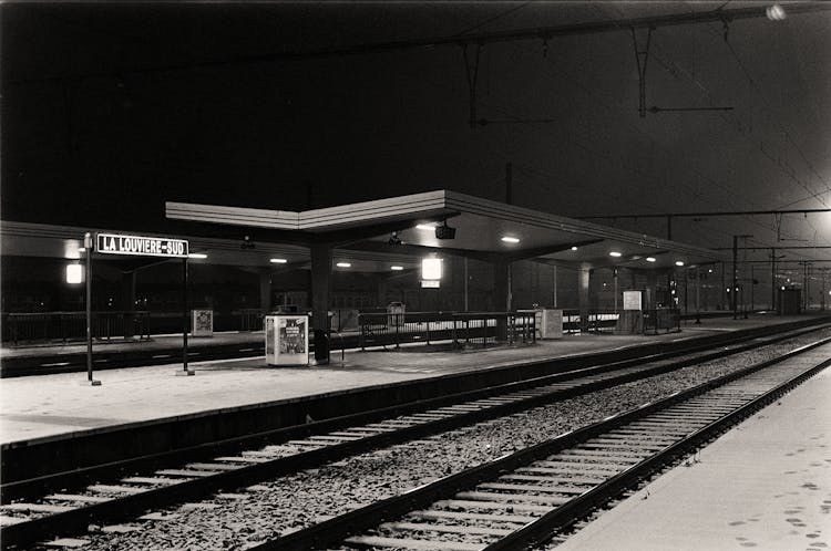 Black And White Photo Of An Empty Railway Platform At La Louviere-Sud Station At Night, Belgium