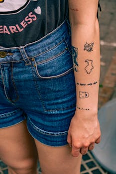 Close-up of a tattooed arm wearing denim shorts in an urban setting.