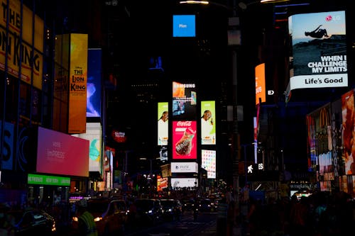 Free Advertising on Skyscrapers at Time Square at Night Stock Photo