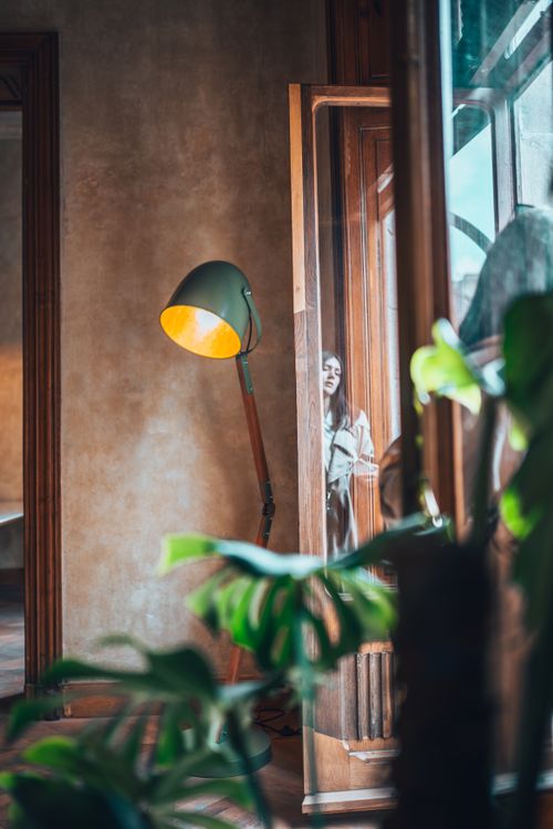 Free Stylish room with a floor lamp and monstera plant near a reflective window, adding a contemporary touch. Stock Photo