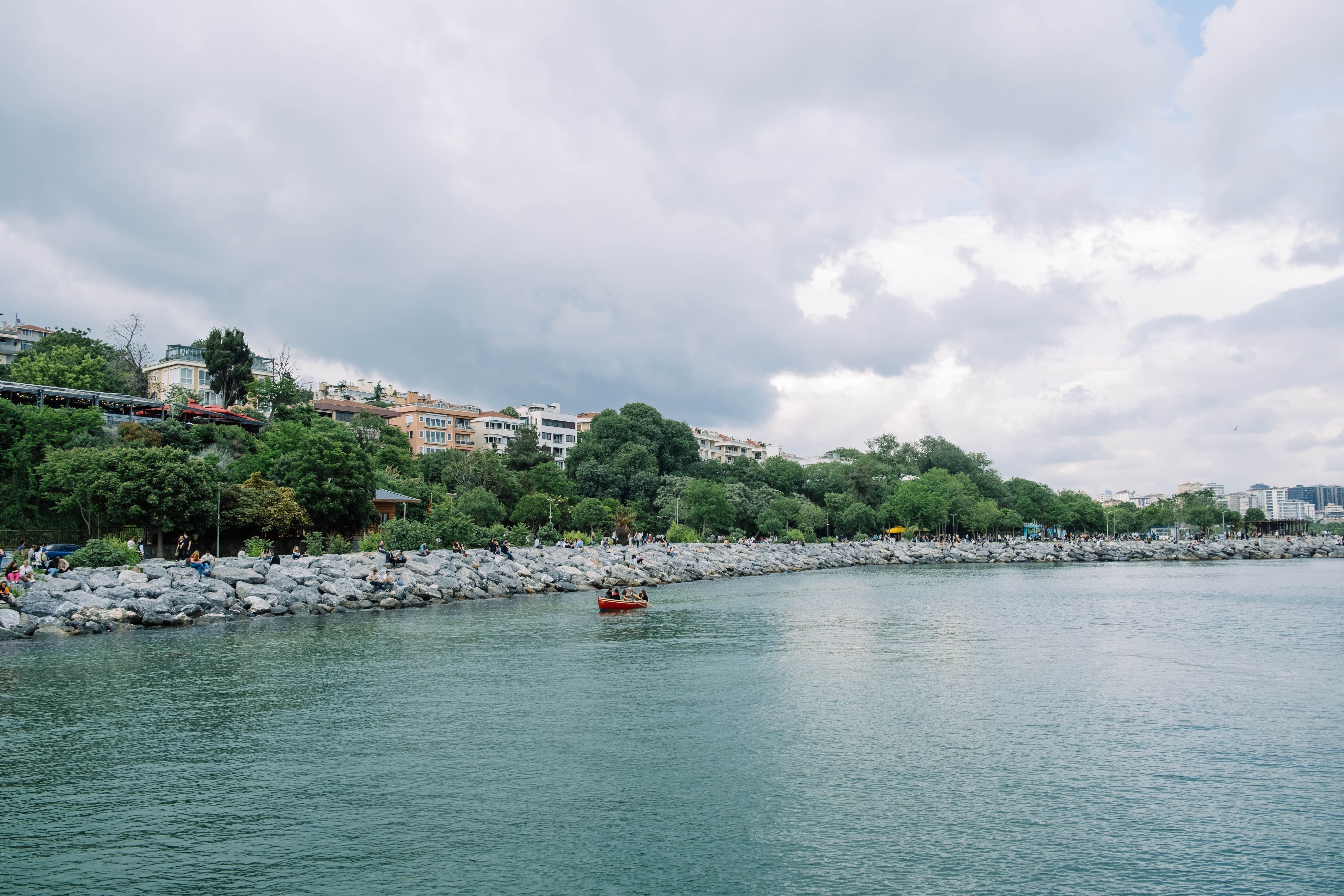 A tranquil urban shoreline with lush trees under overcast skies, featuring a calm body of water.