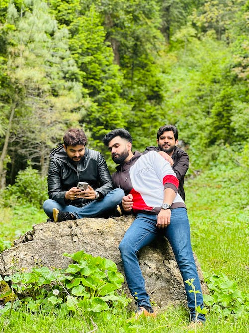 Men Posing Together on Rock near Trees in Forest