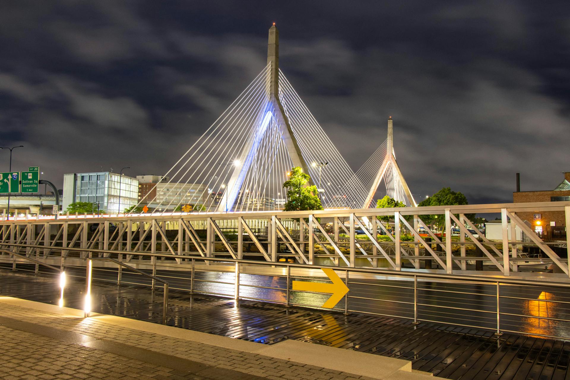 Illuminated Leonard P. Zakim Bunker Hill Memorial Bridge in Boston at Night