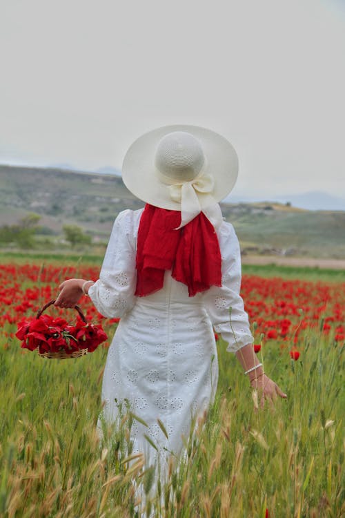 Woman in Hat and White Dress with Red Poppies Basket on Meadow