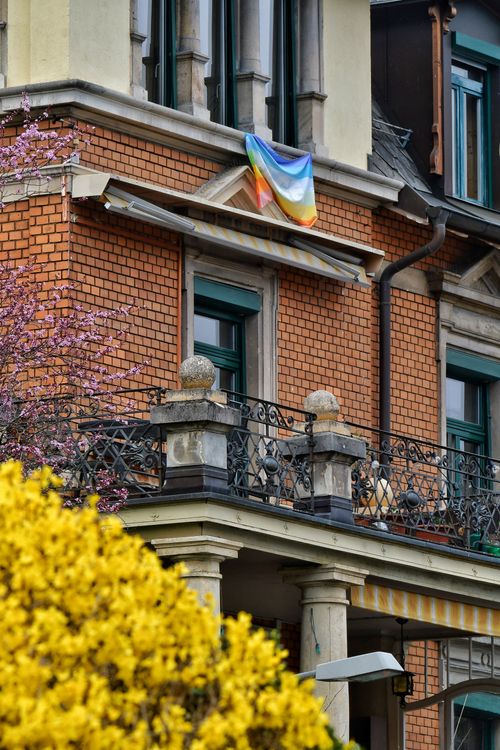 Free Brick building with a vivid rainbow flag on a spring-like day. Stock Photo