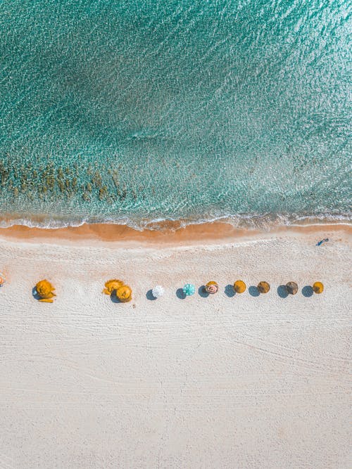 Aerial View Photography of Umbrellas on Shore