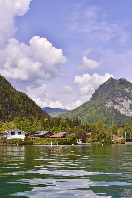 Village by Lake and with Mountains behind