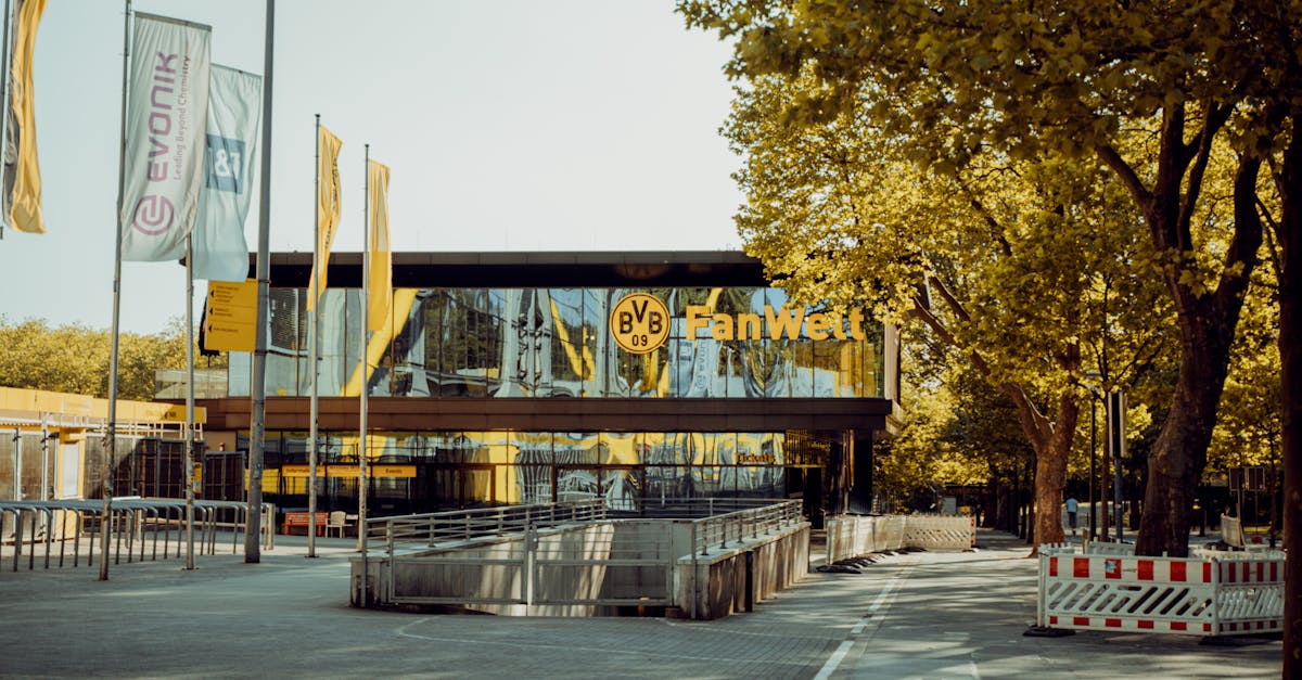 Exterior view of BVB Fanwelt, a local landmark near Dortmund's stadium, Germany.