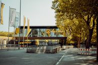 Exterior view of BVB Fanwelt, a local landmark near Dortmund's stadium, Germany.