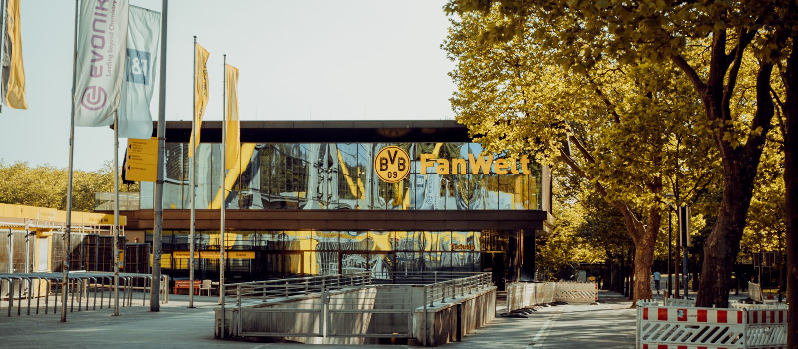 Exterior view of BVB Fanwelt, a local landmark near Dortmund's stadium, Germany. — flights from Tirana to Dortmund