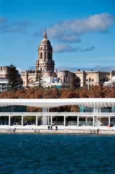 Stunning view of Malaga Cathedral and modern waterfront, capturing urban beauty.