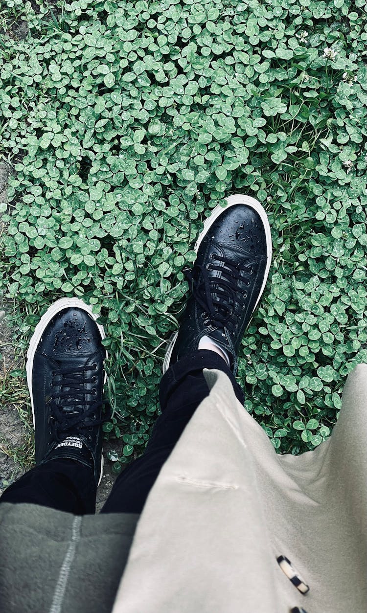 Black Leather Trainers Standing On Grass