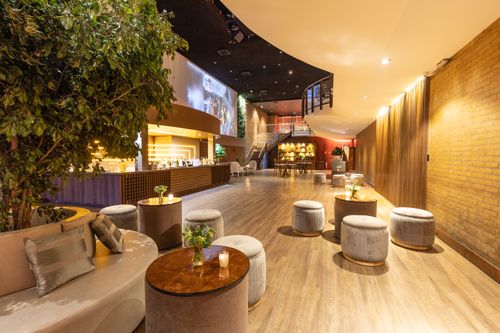 Free Stylish hotel lobby with contemporary furniture, lush plants, and warm lighting creates a welcoming atmosphere. Stock Photo