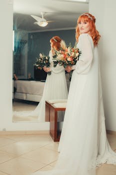 Redheaded bride in elegant wedding dress holding bouquet and reflected in a large mirror indoors.