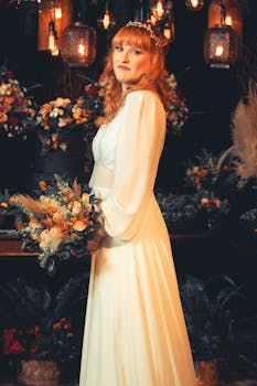 Beautiful bride in a white gown holding a bouquet, surrounded by a warm floral setting indoors.