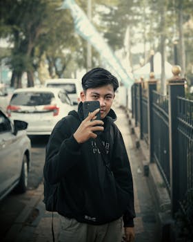 Adult male capturing a photo with his smartphone on a busy urban sidewalk in Serang, Indonesia.