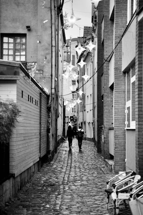 Narrow, Cobblestone Alley in Black and White