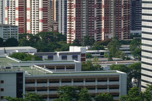 A view of urban high-rise buildings with lush green trees scattered throughout, offering a mix of nature and architecture.