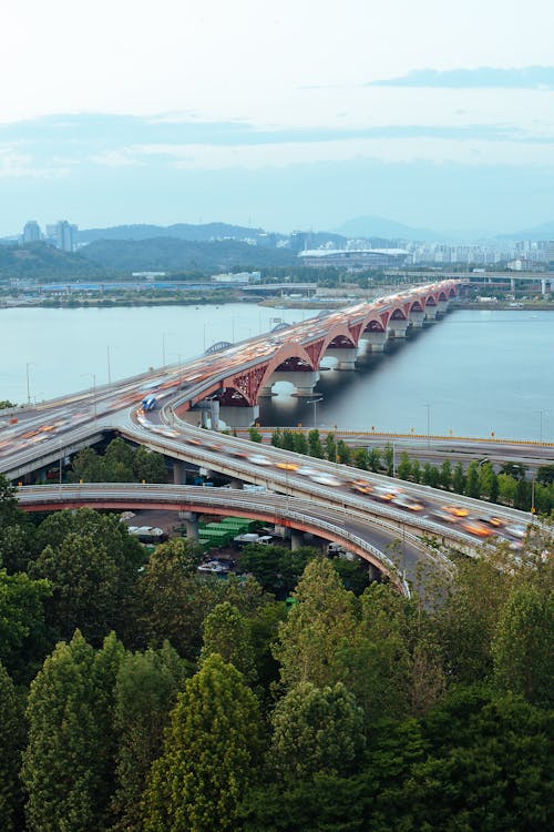 High Angle View of a Busy Road on a Bridge 