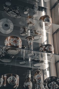 Low angle view of elegant handmade ceramic vases and cups on glass shelves, showcasing intricate designs.