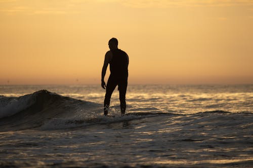 Surfer on Sea Shore at Sunset