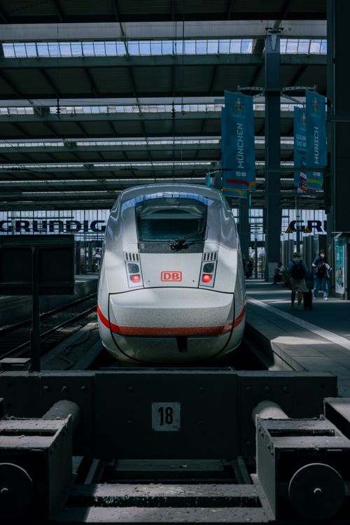 Free High-speed DB train captured at Munich Central Station, showcasing modern transportation. Stock Photo